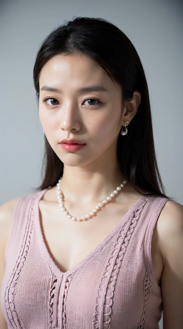 ((Highest quality, 8k, Portrait Photography: 1.3)), (Viewer Display), Photorealism,  Sharp focus, alone, beauty products,Medium Long Hair,Pearl Necklace、Pearl Earrings、 Big Breasts, ((((Photograph the whole body)))),(V-neck sleeveless knit dress)，30 years old、Floral Background