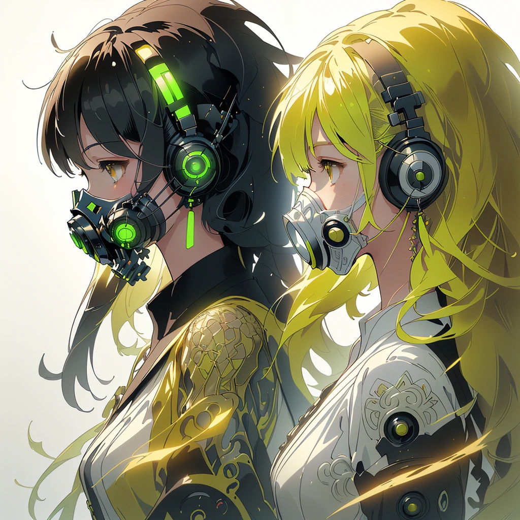 One girl,Triangular composition、S composition、Square Composition、×Composition、Golden Ratio、Art University Entrance Exam Painting、(((Highest quality、masterpiece、Official Art、Very detailed、Anime Style、Best dynamic composition、profile、Perfect Anatomy)))、 Headphones,Cyberpunk Cool clothes with bright yellow patterns, Vibrant colors, neon, White Background、gas mask、
