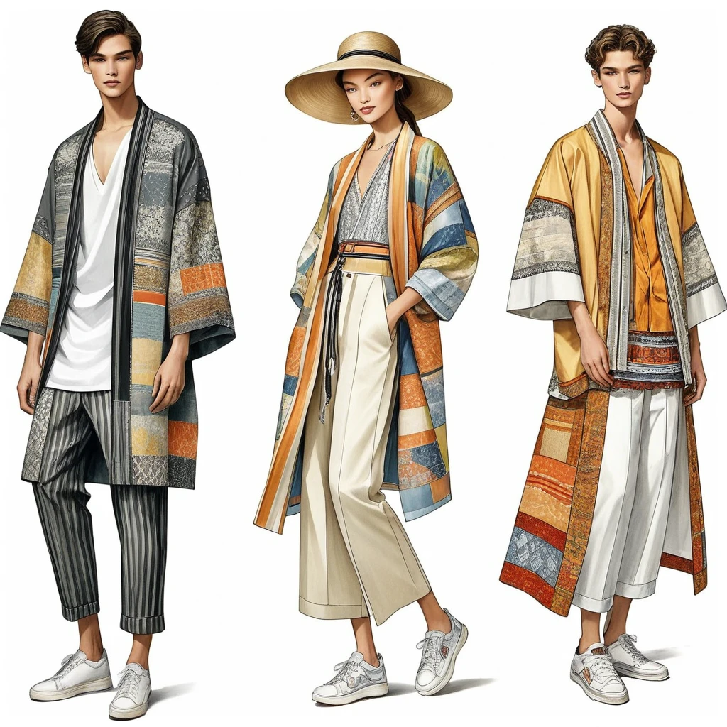 candid fashion illustration a group of young 2man and 1girl, aged 18-23 year old, tall and slender, Mixed race male super model, ((showcase fashionable Lenin outfits inspired by designer Christian Dior resort collection)), in elegant modern Mixed patchwork or collage of ethnic cloth details, e-co print, natural Earth tone color. The 1st man wears an oversized shirt with embroidery and lace details, paired with slim-fit Pants. The 2nd man complements him in a shirt decorate with lace and an oversized Yukata Jacket with ethnic woven details, paired with big striped Drawstring short. a woman wears patchwork dress with frill-trimmed and neckline with minimal style, (all completes the look with white sneakers, an accessorizes with a wide-brimmed straw hat, sunglass.  Captured in a ((full-body image)), simple model pose, ((simple water-color paint on white paper background)), realistic pencil lines, imperfect drawing, charcoal lines detail, fading sketch, fashion Sketching, low angle view, (full body image)