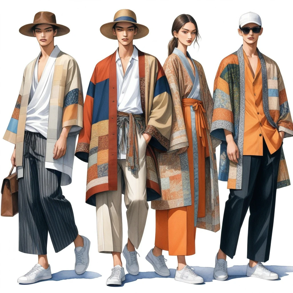 illustration de mode spontanée d'un groupe de jeunes 2 hommes et 1 femme, âgé de 18 à 2, grand et mince, Super modèle masculin de race mixte, ((Présentez des tenues à la mode de Lénine inspirées de la collection croisière du designer Dries Van Noten)), Dans un style moderne et élégant, un patchwork ou un collage de détails en tissu ethnique, e-co print, couleur terre naturelle. Le 1er homme porte une chemise surdimensionnée avec des détails de broderie et de dentelle, associé à un pantalon slim. Le 2ème homme le complète avec une chemise décorée de dentelle et une veste Yukata surdimensionnée avec des détails tissés ethniques, porté avec un short à cordon rayé. Une femme porte une longue robe patchwork de style minimaliste., (le tout complète le look avec des baskets blanches, un accessoire avec un chapeau de paille à large bord, lunettes de soleil.  capturé dans un ((image du corps entier)), pose de modèle simple, ((peinture aquarelle simple sur fond de papier blanc)), lignes de crayon réalistes, dessin imparfait, détail des lignes de charbon de bois, croquis qui s&#39;estompe, croquis de mode, vue en contre-plongée, (Image du corps entier), Dris Van Noten.