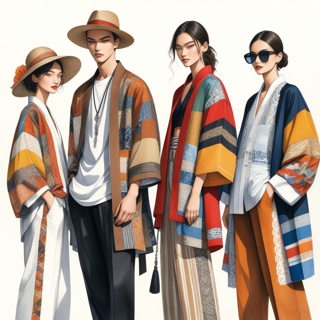 candid fashion illustration a group of young 2man and 1girl, aged 18-23 year old, tall and slender, Mixed race male super model, ((showcase fashionable Lenin outfits inspired by designer Dris Van Noten resort collection)), in elegant modern Mixed patchwork or collage of ethnic cloth details, e-co print, natural Earth tone color. The 1st man wears an oversized shirt with embroidery and lace details, paired with slim-fit Pants. The 2nd man complements him in a shirt decorate with lace and an oversized Yukata Jacket with ethnic woven details, paired with big striped Drawstring short. a woman wears patchwork long dress minimal style, (all completes the look with white sneakers, an accessorizes with a wide-brimmed straw hat, sunglass.  Captured in a ((full-body image)), simple model pose, ((simple water-color paint on white paper background)), realistic pencil lines, imperfect drawing, charcoal lines detail, fading sketch, fashion Sketching, low angle view, (full body image), Dris Van Noten.