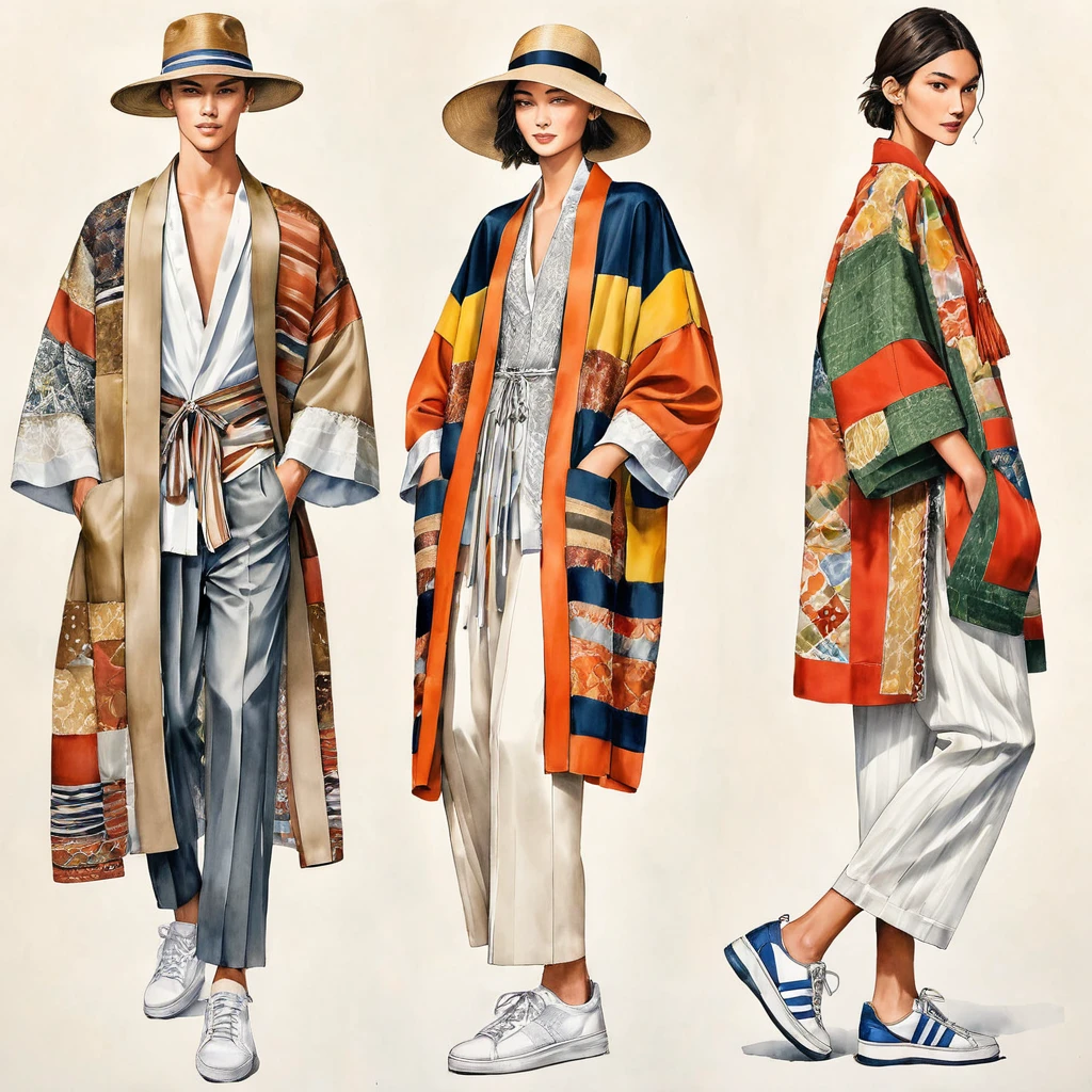 candid fashion illustration a group of young 2man and 1girl, aged 18-23 year old, tall and slender, Mixed race male super model, ((showcase fashionable Lenin outfits inspired by designer Dris Van Noten resort collection)), in elegant modern Mixed patchwork or collage of ethnic cloth details, e-co print, natural Earth tone color. The 1st man wears an oversized shirt with embroidery and lace details, paired with slim-fit Pants. The 2nd man complements him in a shirt decorate with lace and an oversized Yukata Jacket with ethnic woven details, paired with big striped Drawstring short. a woman wears patchwork long silk dress minimal style, (all completes the look with white sneakers, an accessorizes with a wide-brimmed straw hat, sunglass.  Captured in a ((full-body image)), simple model pose, ((simple water-color paint on white paper background)), realistic pencil lines, imperfect drawing, charcoal lines detail, fading sketch, fashion Sketching, low angle view, (full body image), Dris Van Noten.