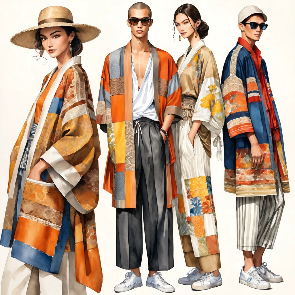 candid fashion illustration a group of young 2man and 1girl, aged 18-23 year old, tall and slender, Mixed race male super model, ((showcase fashionable Lenin outfits inspired by designer Dris Van Noten resort collection)), in elegant modern Mixed patchwork or collage of ethnic cloth details, e-co print, natural Earth tone color. The 1st man wears an oversized shirt with embroidery and lace details, paired with slim-fit Pants. The 2nd man complements him in a shirt decorate with lace and an oversized Yukata Jacket with ethnic woven details, paired with big striped Drawstring short. a woman wears patchwork long silk dress minimal style, (all completes the look with white sneakers, an accessorizes with a wide-brimmed straw hat, sunglass.  Captured in a ((full-body image)), simple model pose, ((simple water-color paint on white paper background)), realistic pencil lines, imperfect drawing, charcoal lines detail, fading sketch, fashion Sketching, low angle view, (full body image), Dris Van Noten.