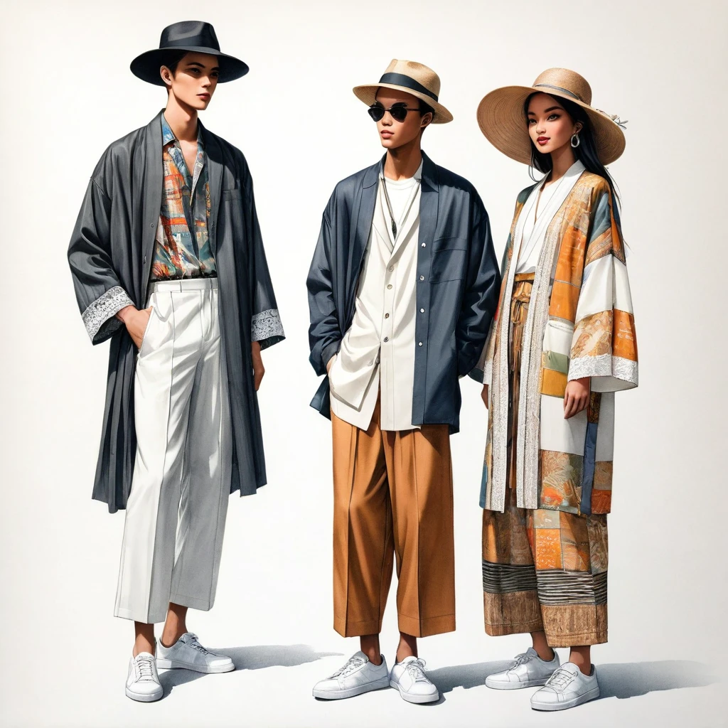 illustration de mode spontanée d'un groupe de jeunes 2 hommes et 1 femme, âgé de 18 à 2, grand et mince, Super modèle masculin de race mixte, ((Présentez des tenues à la mode de Lénine inspirées de la collection croisière du designer Dries Van Noten)), Dans un style moderne et élégant, un patchwork ou un collage de détails en tissu ethnique, e-co print, couleur terre naturelle. Le 1er homme porte une chemise surdimensionnée avec des détails de broderie et de dentelle, associé à un pantalon slim. Le 2ème homme le complète avec une chemise décorée de dentelle et une veste Yukata surdimensionnée avec des détails tissés ethniques, porté avec un short à cordon rayé. une femme porte une longue robe en soie patchwork de style minimaliste, (le tout complète le look avec des baskets blanches, un accessoire avec un chapeau de paille à large bord, lunettes de soleil.  capturé dans un ((image du corps entier)), pose de modèle simple, ((peinture aquarelle simple sur fond de papier blanc)), lignes de crayon réalistes, dessin imparfait, détail des lignes de charbon de bois, croquis qui s&#39;estompe, croquis de mode, vue en contre-plongée, (Image du corps entier), Dris Van Noten.