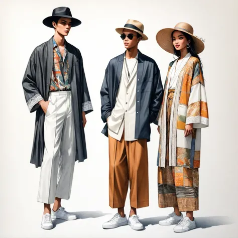 candid fashion illustration a group of young 2man and 1girl, aged 18-23 year old, tall and slender, Mixed race male super model,...