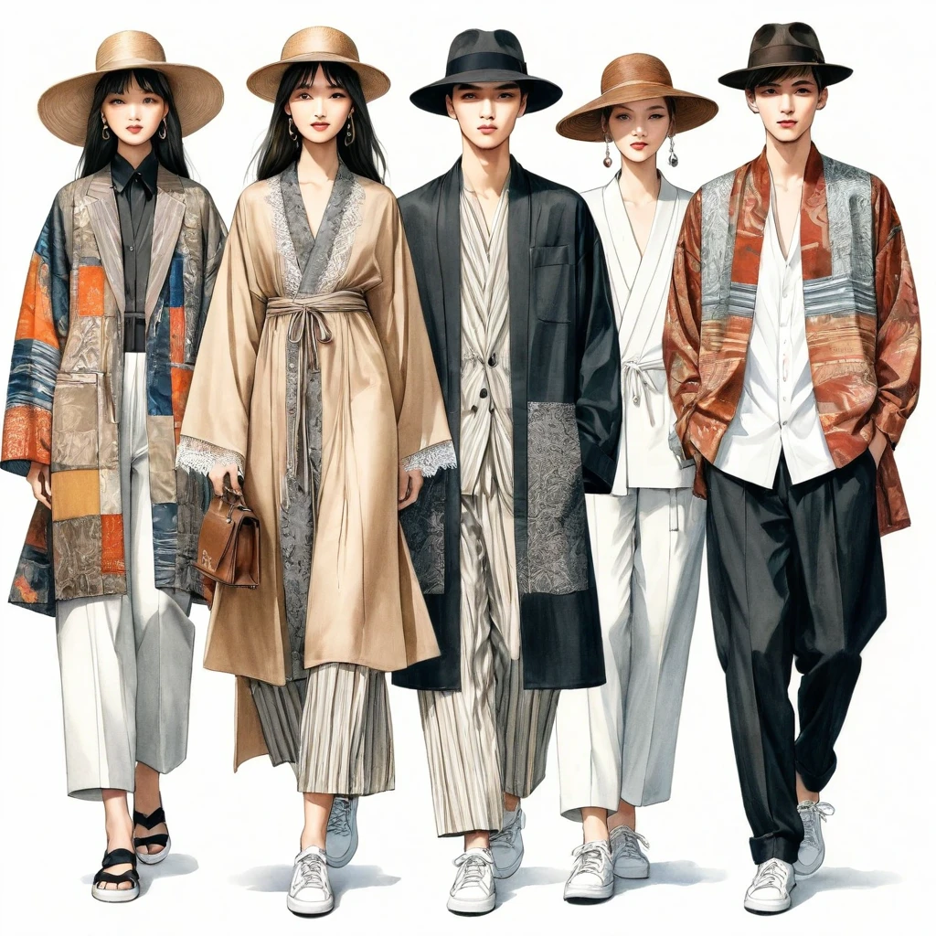 candid fashion illustration a group of young 2man and 1girl, aged 18-23 year old, tall and slender, Mixed race male super model, ((showcase fashionable Lenin outfits inspired by designer Dris Van Noten resort collection)), in elegant modern Mixed patchwork or collage of ethnic cloth details, e-co print, natural Earth tone color. The 1st man wears an oversized shirt with embroidery and lace details, paired with slim-fit Pants. The 2nd man complements him in a shirt decorate with lace and an oversized Yukata Jacket with ethnic woven details, paired with big striped Drawstring short. a woman wears patchwork long silk dress minimal style, (all completes the look with white sneakers, an accessorizes with a wide-brimmed straw hat, sunglass.  Captured in a ((full-body image)), simple model pose, ((simple water-color paint on white paper background)), realistic pencil lines, imperfect drawing, charcoal lines detail, fading sketch, fashion Sketching, low angle view, (full body image), Dris Van Noten.