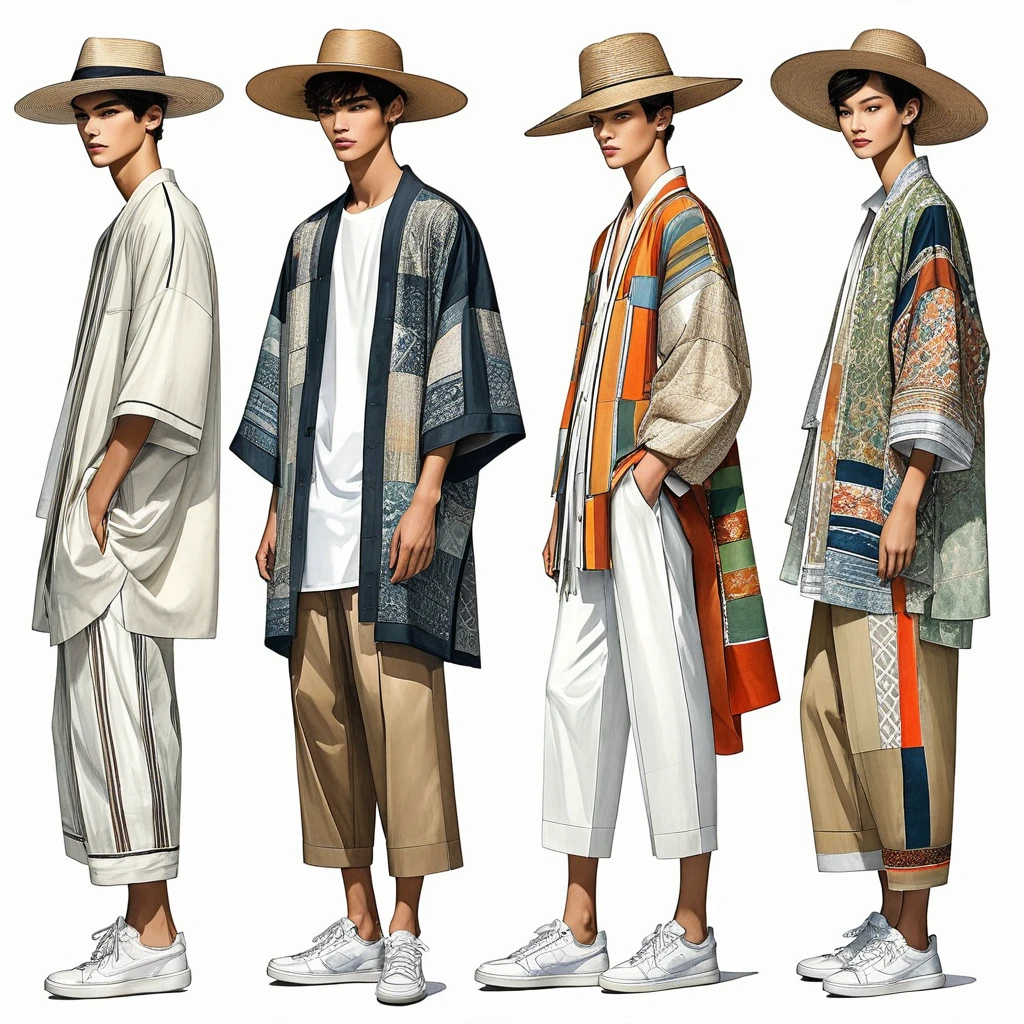 candid fashion illustration a group of young 2man and 1girl, aged 18-23 year old, tall and slender, Mixed race male super model, ((showcase fashionable Lenin outfits inspired by designer Dris Van Noten resort collection)), in elegant modern Mixed patchwork or collage of ethnic cloth details, e-co print, natural Earth tone color. The 1st man wears an oversized shirt with embroidery and lace details, paired with slim-fit Pants. The 2nd man complements him in a shirt decorate with lace and an oversized Yukata Jacket with ethnic woven details, paired with big striped Drawstring short. a woman wears patchwork long silk dress minimal style, (all completes the look with white sneakers, an accessorizes with a wide-brimmed straw hat, sunglass.  Captured in a ((full-body image)), simple model pose, ((simple water-color paint on white paper background)), realistic pencil lines, imperfect drawing, charcoal lines detail, fading sketch, fashion Sketching, low angle view, (full body image), Dris Van Noten.