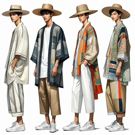 candid fashion illustration a group of young 2man and 1girl, aged 18-23 year old, tall and slender, Mixed race male super model,...