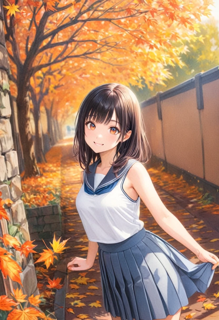  Beautiful girl，Short camisole，Autumn theme，art，advertisement，Colored pencil drawing，draft 、Cute school uniform,　Beautiful Face、Kanna Hashimoto、Smile、Masterpiece、Ultra high definition、