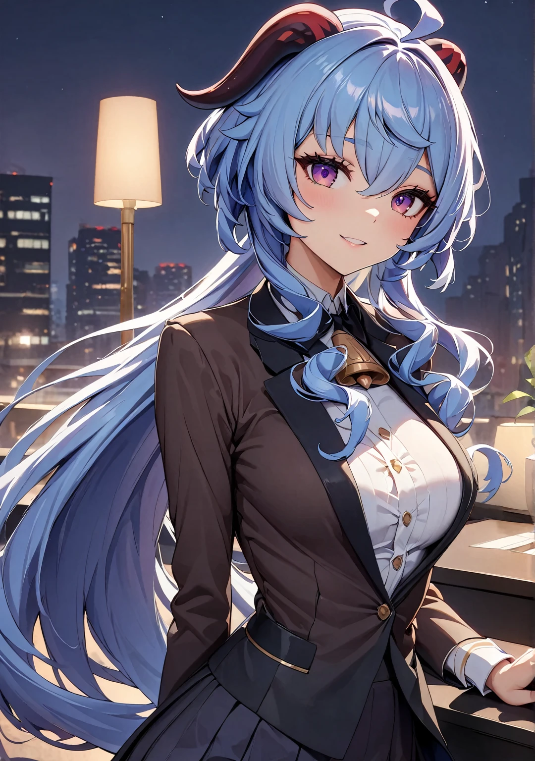 (Highest quality:1.2, Attention to detail, masterpiece:1.2, Best aesthetics), (1 girl), ganyu \(genshin impact\), Cowboy Shot, ((Hotel front desk uniform, Concierge:1.2, Sleek design, A symbol of hospitality)), (Purple eyes, long hair, light blue hair that ends in shades of darker blue, long ponytail, Brownish horns with red engravings, turn backwards), 美しいAttention to detail目, Beautiful lip detail, Highly detailed face, Detailed Fashion, elegant, luxury, High quality fabric, smile, Hotel front desk work, Hotel Background, night, Dramatic lighting, Cinematic, Bright colors, Intricate details, Chiaroscuro lighting. 