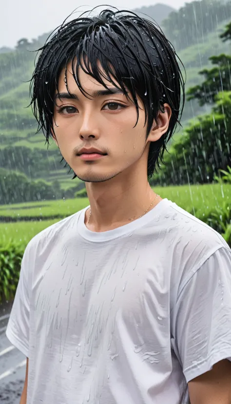 white t-shirt、male、24-years-old、background、japanese、black hair、bobcut、upper body、close-up of face、rain、japanese countryside。