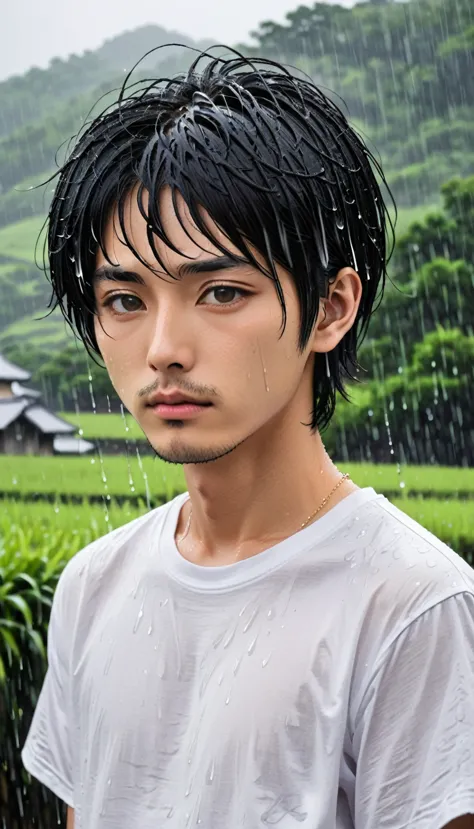 white t-shirt、male、24-years-old、background、japanese、black hair、bobcut、upper body、close-up of face、rain、japanese countryside。