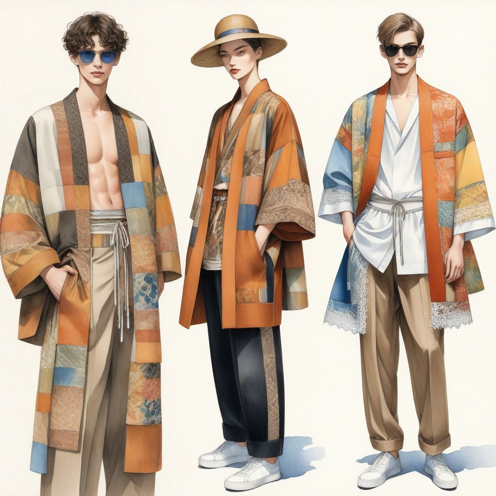 ilustração de moda sincera de vários jovens homens e mulheres, com idade entre 18 e 2 anos, Alto e esguio, Modelo masculino multirracial, ((exibem trajes da moda de Lenin inspirados na coleção resort do designer Dris Van Noten)), em elegante patchwork moderno misto ou colagem de detalhes de tecidos étnicos, e-co print, Cores terrosas naturais. O 1º homem usa uma camisa oversized com detalhes em bordado e renda, combinado com calças justas. O 2º homem complementa-o com uma camisa decorada com renda e um casaco Yukata oversized com detalhes étnicos tecidos, combinado com shorts de cordão grande listrado. uma mulher usa um vestido patchwork com babados e decote de estilo minimalista, (tudo completa o look com tênis branco, acessórios com um chapéu de palha de aba larga, oculos de sol. capturado em um ((Imagem de corpo inteiro)), pose de modelo simples, ((pintura simples em aquarela em fundo de papel branco)), linhas de lápis realistas, desenho imperfeito, detalhe de linhas de carvão, esboço de desvanecimento, desenho de moda, Vista de ângulo baixo, (Imagem de corpo inteiro), Dris Van Noten.