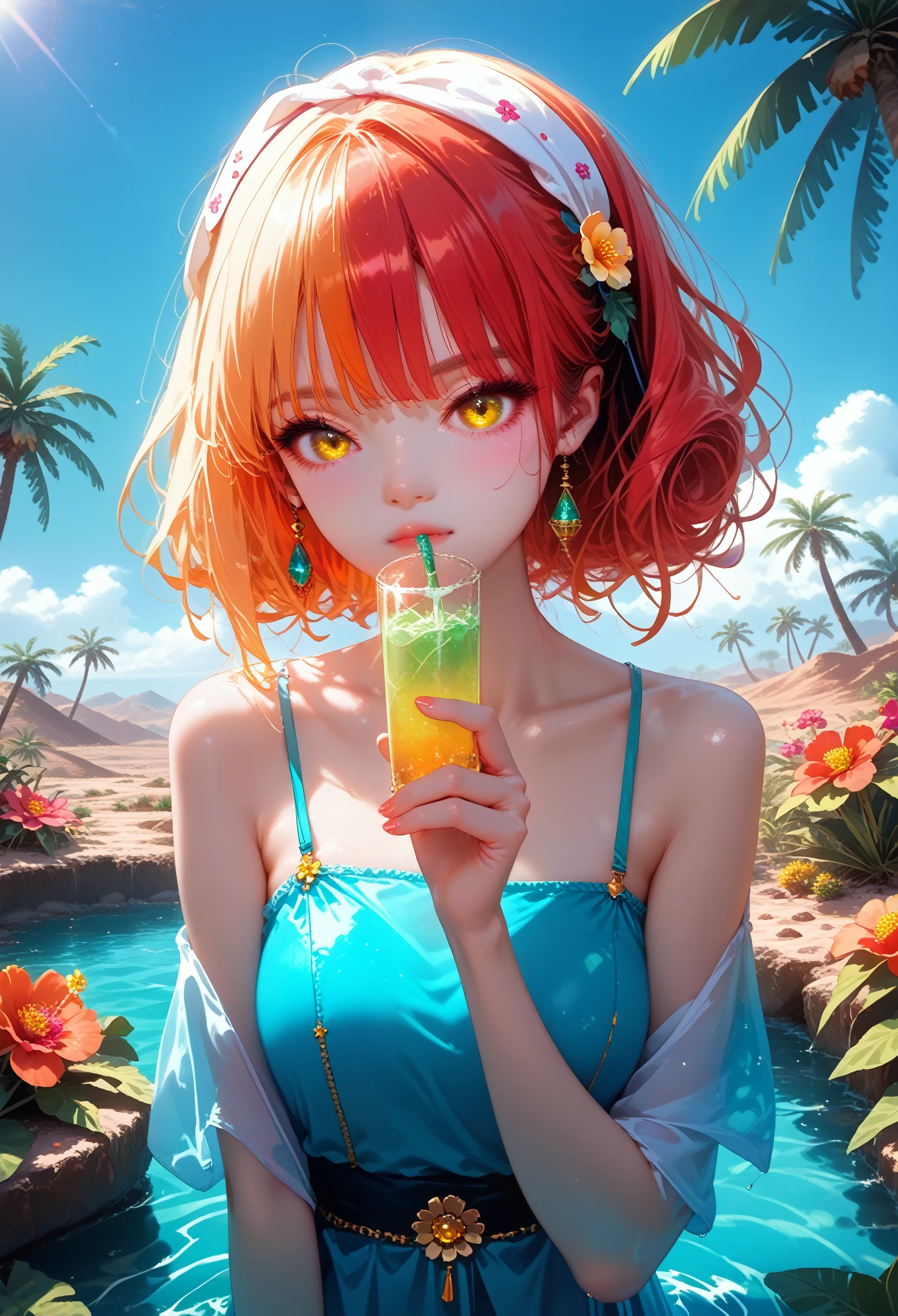 Beautiful Girl with a Nice Figure, Nearby Camel, sexy, Standing tall at the Oasis in the Desert, Bowing His Head to Drink Water, scoops up water with his hand,looks at the viewer, Two hair colors(Bright red with yellow), The glitter falls on her,Very Colorful Picture, bright colors, masterpiece, Palm trees and greenery around the Oasis, Ripples on the water, Clear and Colorful Details, some Thorns and Flowers,pfstyle ,cinematic film still,score_9,score_8_up,score_7_up,masterpiece,best quality,8k,source_cartoon,source_アニメ