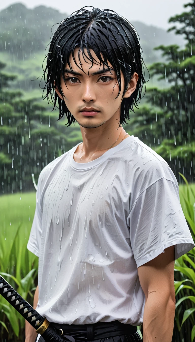 White T-shirt、male、24-years-old、background、Japanese、Black Hair、Bobcut、Holding a Japanese sword、Close-up of face、rain、Japanese countryside。