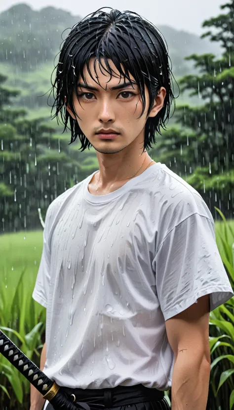 white t-shirt、male、24-years-old、background、japanese、black hair、bobcut、holding a japanese sword、close-up of face、rain、japanese co...