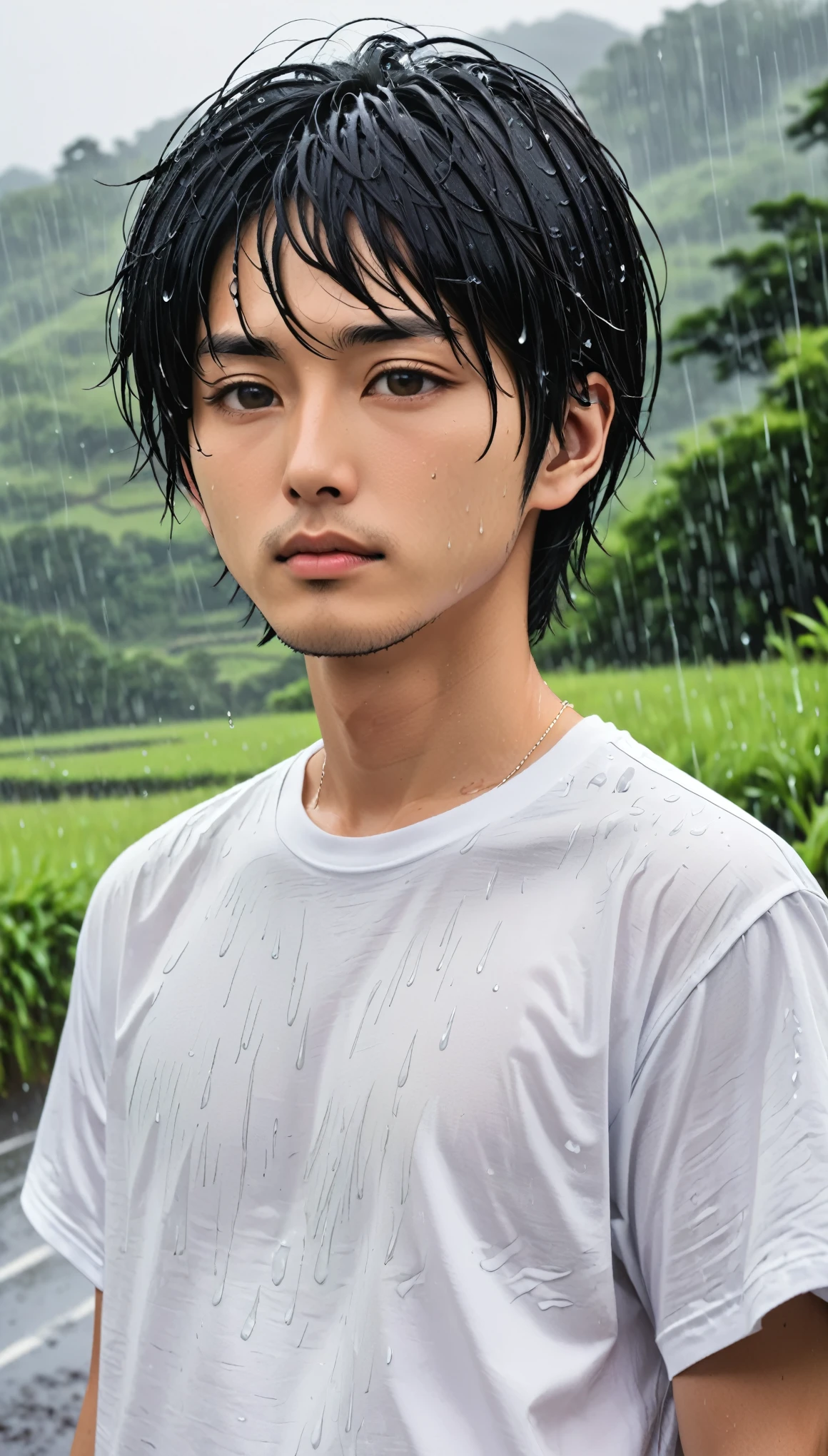 White T-shirt、male、24-years-old、background、Japanese、Black Hair、Bobcut、Upper Body、Close-up of face、rain、Japanese countryside。