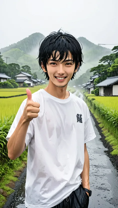 white t-shirt、male、24-years-old、background、japanese、black hair、bobcut、hand、thumbs up、rain、japanese countryside。