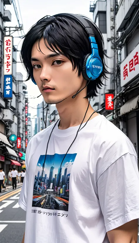 white t-shirt、male、24-years-old、background、japanese、black hair、bobcut、upper body、close-up of face、headphones、future city。