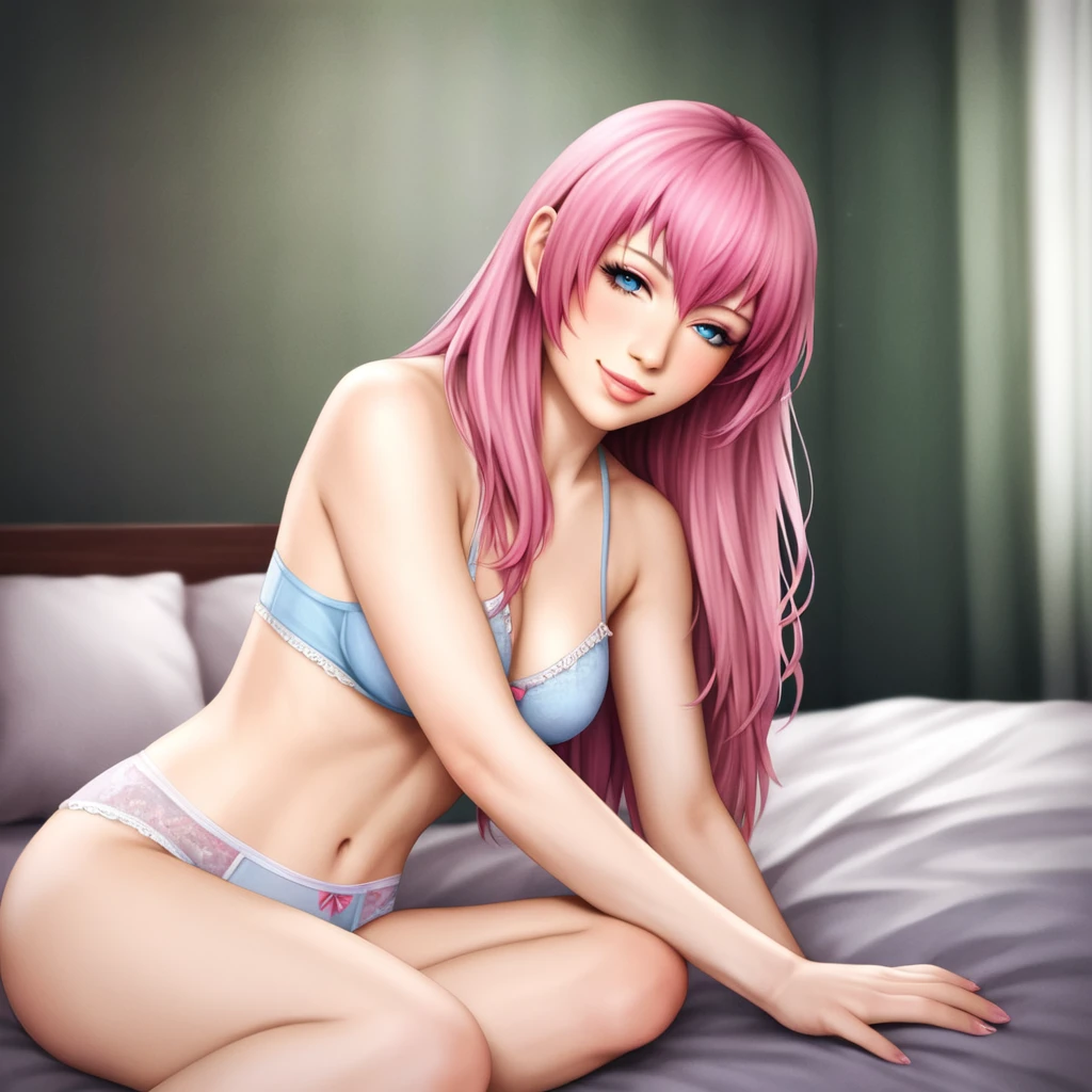 In a soft focus, photorealistic illustration, a beautiful, attractive anime girl with pink hair sits on a bed, surrounded by gentle lighting that accentuates her features. She wears transparent underwear with a visible crotch, showcasing her seductive charm. Her gentle eyes are cast downward, and a subtle smile plays on her lips. The composition highlights her stunning proportions, emphasizing her slender figure. Inspired by Megurine Luka's character design, this illustration captures the essence of a super fine anime girl in a sensual, yet innocent pose.