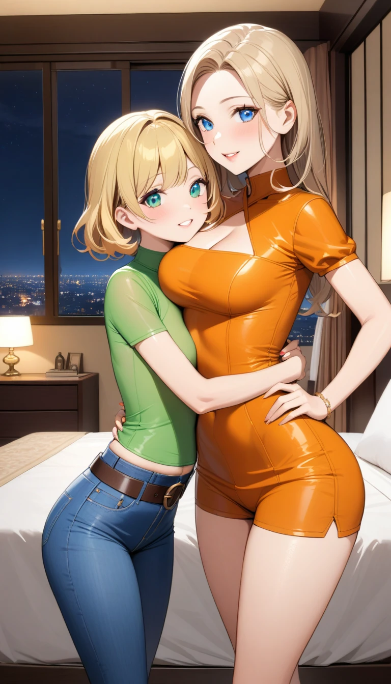 Two beautiful ladies ((lady 1: 35y old mom, with short straight blonde hair, lady 1 with blue eyes and caucasian skin, lady 1 wearing Tight Jeans and Leather Belt, lady 1 Sexy Criss Cross Mock Neck Short Sleeves Orange Blouse)), ((lady 2: 13y old daughter, with short straight blonde hair, lady 2 with blue eyes and caucasian skin, lady 2 wearing Tight Jean Shorts and Leather Belt, lady 2 Sexy Criss Cross Mock Neck Short Sleeves Green Blouse)), luxurious jewelry, 18k gold wedding ring on left hand, standing in their bedroom at night, hugging and kissing each other, (light brown lipstick), (elegant mascara), (slim body), (small breasts), (wide hips), endjourney, <lora:GoodHands-, <lora:GoodLegs-, UHD, high resolution, (expressive eyes, perfect face, full body, expressive face, perfect body, perfect pussy, athletic, fit, slim body, blushing, Perfect makeup, eyeliner, beautiful eyelashes, smiling, horny face), ((best illumination, best shadows)), ((sexy pose)), ((Front pov:1.1))