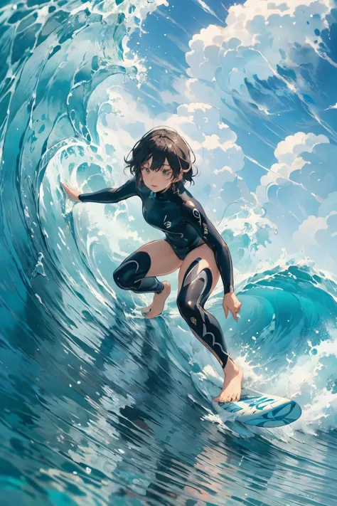 female surfer riding a wave in the ocean early in the morning、short hair、sexy wetsuit、surfing、 (riding a surfboard:1.2)、 big wav...