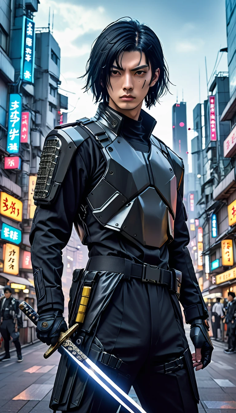 Cyber Suit、Combat Uniform、male、24-years-old、background、Japanese、Black Hair、Bobcut、Upper Body、Close-up of face、cyber punk、Holding a Japanese sword、Future City。