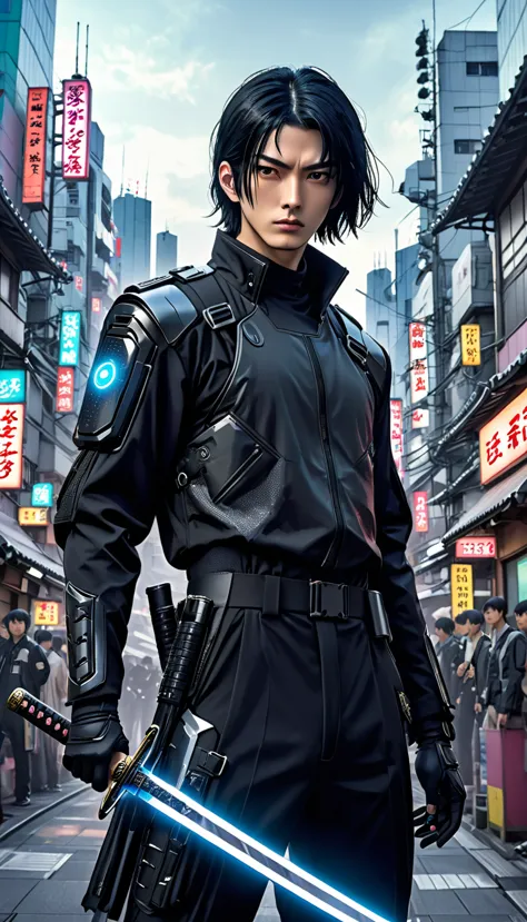 cyber suit、combat uniform、male、24-years-old、background、japanese、black hair、bobcut、upper body、close-up of face、cyber punk、holding...