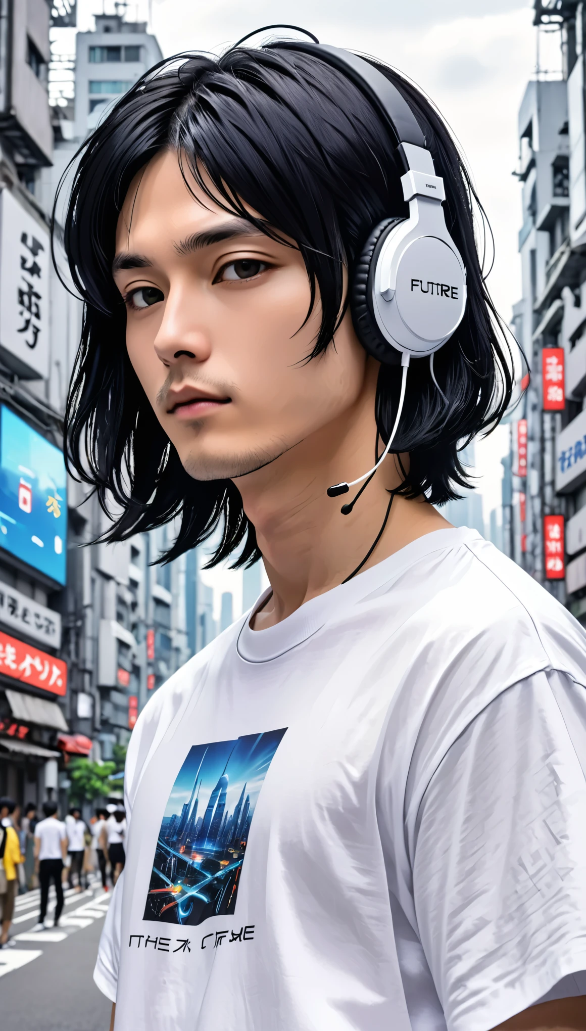 White T-shirt、male、24-years-old、background、Japanese、Black Hair、Long bob cut、Upper Body、Close-up of face、Headphones of the future、Future City。