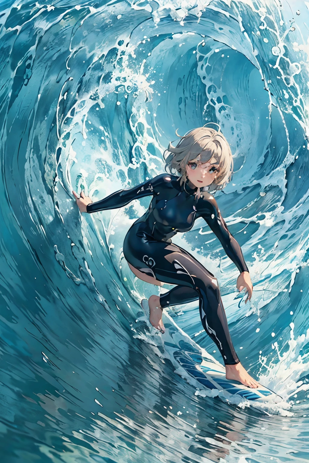 Female surfer riding a wave in the ocean early in the morning、Short Hair、Sexy Wetsuit、surfing、 (Riding a surfboard:1.2)、 big wave surfing、Tube Wave、The breaking waves、surfingの写真、Extreme Sports Photography、(Highest quality, masterpiece, High resolution)、8k、wallpaper