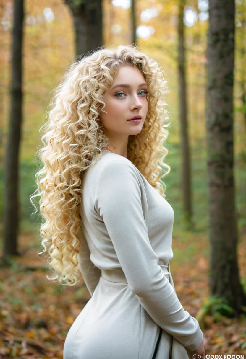 A woman with long blonde hair standing in a forest., curly blonde hair | long curly blonde hair, long curly fluffy blonde hair, long curly light blonde hair, beautiful green eyes beautiful blonde woman, curly blonde hair, curly blonde hair, Beautiful autumn spirit, Pale skin.
