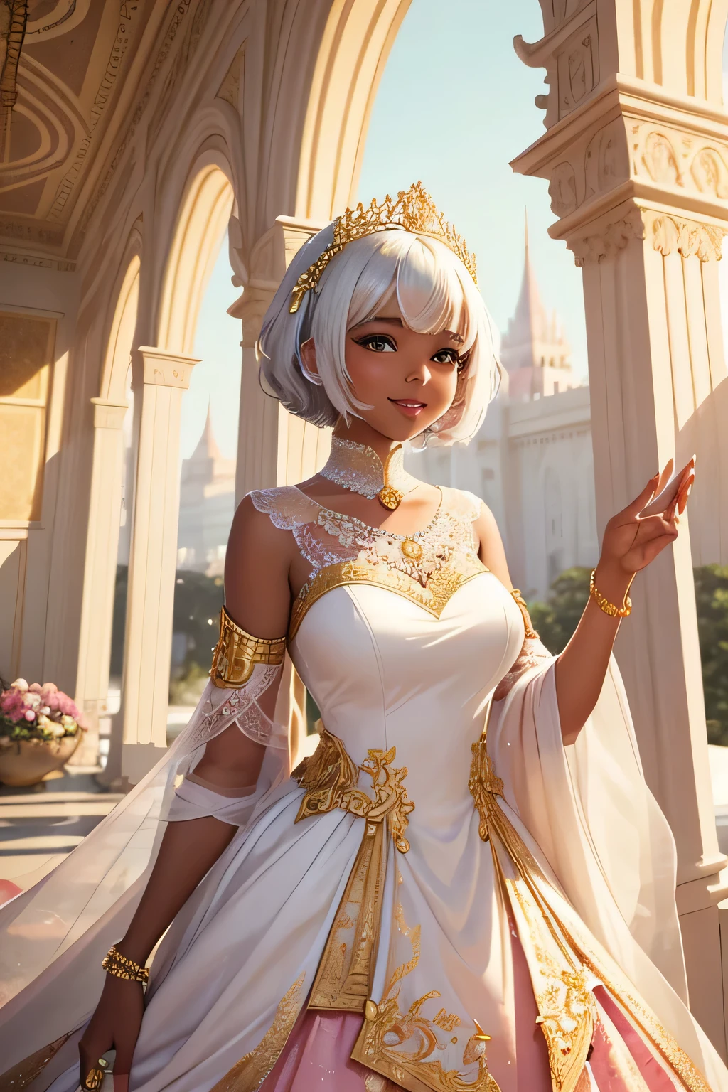 A cute black princess with short white hair, wearing a charming pastel pink and gold gown adorned with delicate lace, stands on a grand palace balcony. She has a radiant smile and waves joyfully to the adoring crowd below. The bright sunlight enhances her glowing skin and the intricate lace details on her gown. Behind her, the palace's elegant architecture and vibrant flower gardens create a cheerful and inviting atmosphere,upper body
