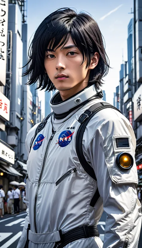 spacesuit、male、24-years-old、background、japanese、black hair、long bob cut、upper body、close-up of face、future city。