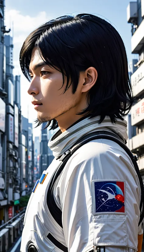 spacesuit、male、24-years-old、background、japanese、black hair、long bob cut、upper body、close-up of face、profile、future city。