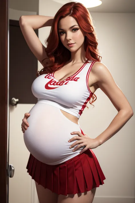 8k, masterpiece, very realistic, full body sexy pregnant cheerleader, very slim waist, slim thighs, pleated red cheerleader dres...