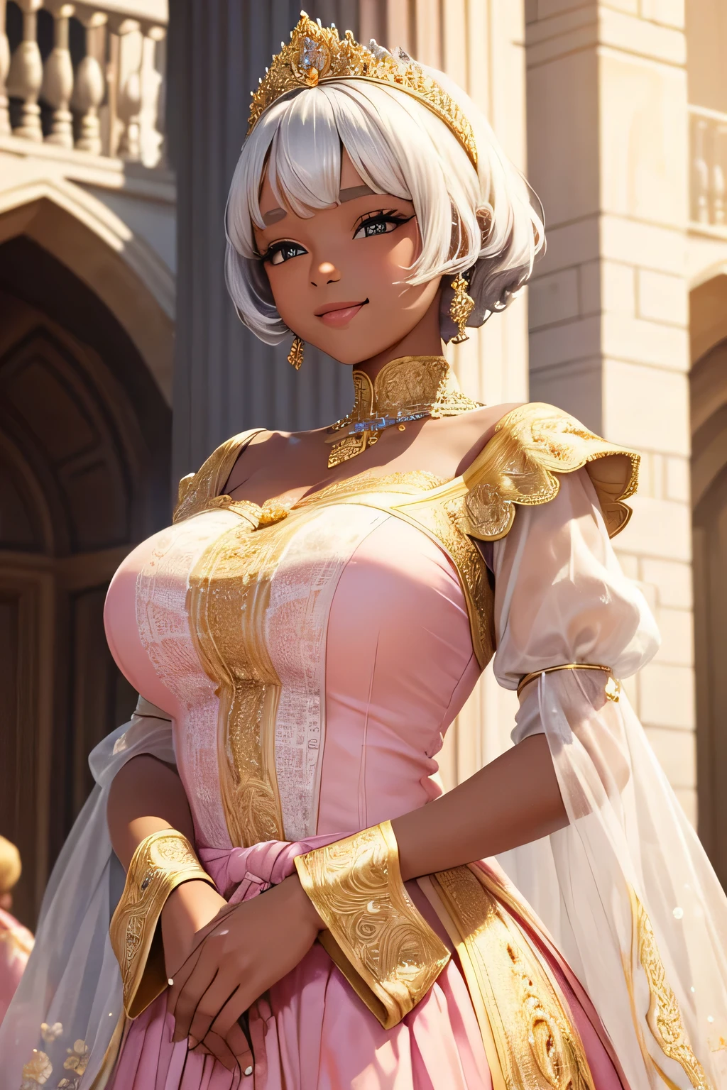 A cute black princess with short white hair, wearing a charming pastel pink and gold gown adorned with delicate lace, stands on a grand palace balcony. She has a radiant smile and waves joyfully to the adoring crowd below. The bright sunlight enhances her glowing skin and the intricate lace details on her gown. Behind her, the palace's elegant architecture and vibrant flower gardens create a cheerful and inviting atmosphere,upper body
