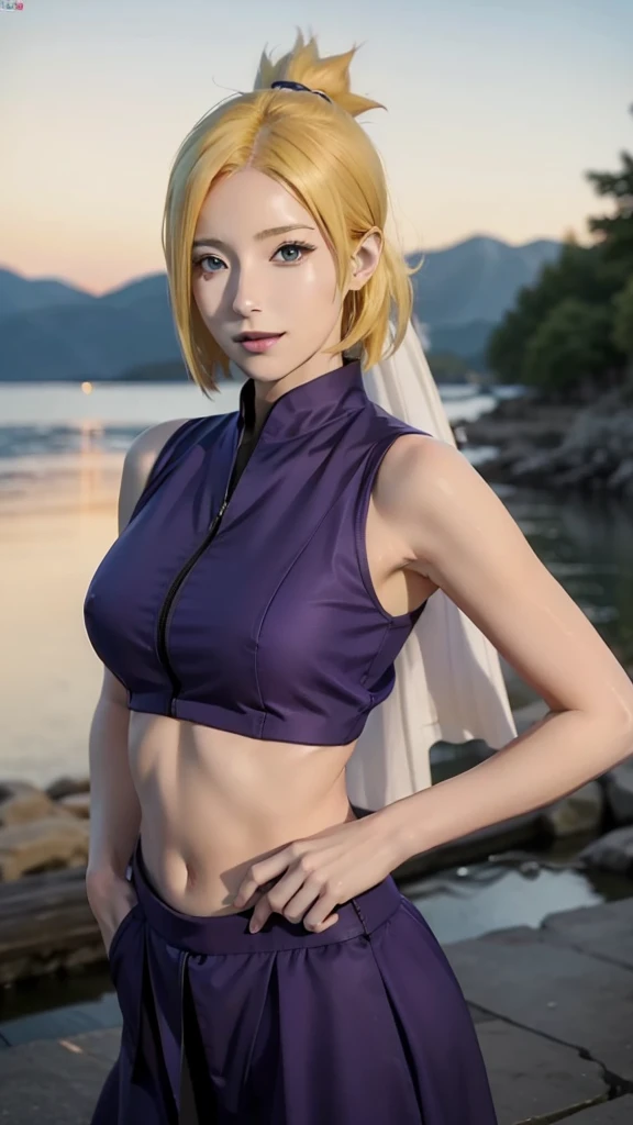 1girl, temari in anime naruto, short hair, yellow hair, blue eyes, smile, beautiful, sexy clothes, sexy dress, white clothes, very big breast, realistic clothes, purple clothes, outdoor background, ultra detail, realistic