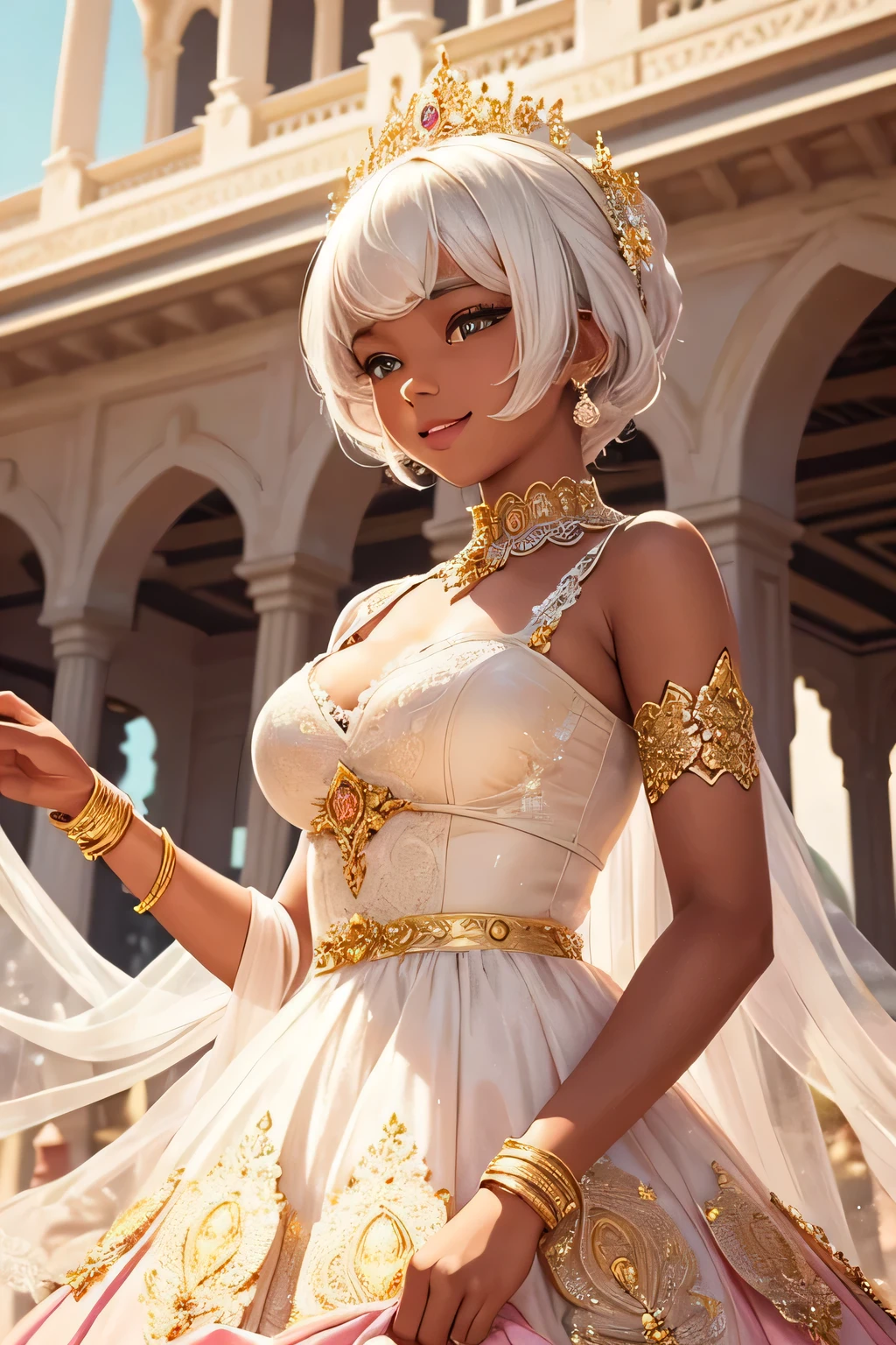 A cute black princess with short white hair, wearing a charming pastel pink and gold gown adorned with delicate lace, stands on a grand palace balcony. She has a radiant smile and waves joyfully to the adoring crowd below. The bright sunlight enhances her glowing skin and the intricate lace details on her gown. Behind her, the palace's elegant architecture and vibrant flower gardens create a cheerful and inviting atmosphere,upper body
