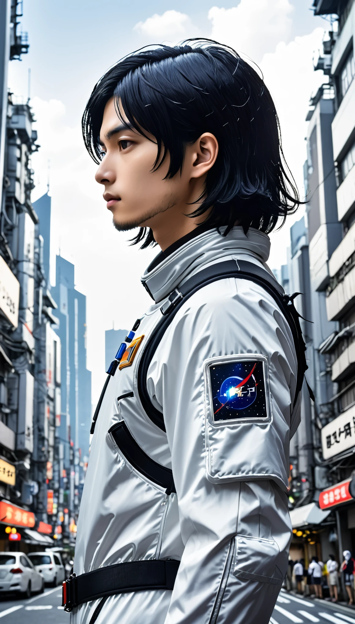 Spacesuit、male、24-years-old、background、Japanese、Black Hair、Long bob cut、Upper Body、Close-up of face、profile、Future City。