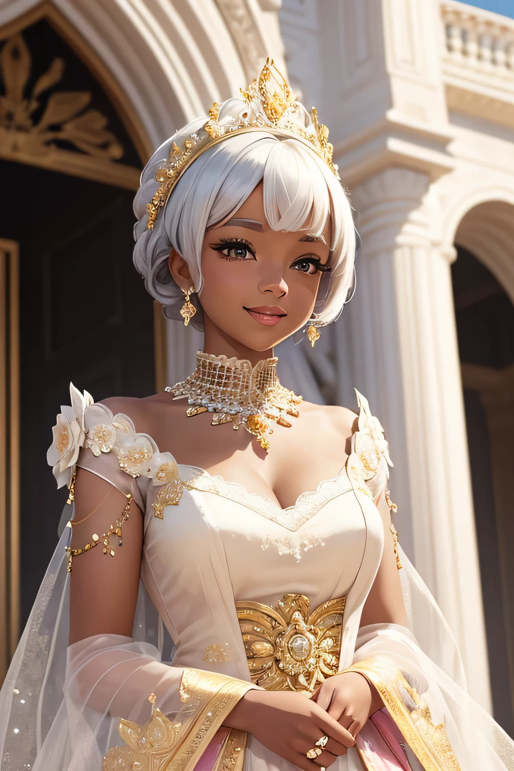 A cute black princess with short white hair, wearing a charming pastel pink and gold gown adorned with delicate lace, stands on a grand palace balcony. She has a radiant smile and waves joyfully to the adoring crowd below. The bright sunlight enhances her glowing skin and the intricate lace details on her gown. Behind her, the palace's elegant architecture and vibrant flower gardens create a cheerful and inviting atmosphere,upper body
