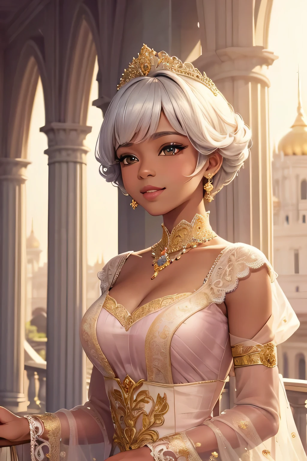 A cute black princess with short white hair, wearing a charming pastel pink and gold gown adorned with delicate lace, stands on a grand palace balcony. She has a radiant smile and waves joyfully to the adoring crowd below. The bright sunlight enhances her glowing skin and the intricate lace details on her gown. Behind her, the palace's elegant architecture and vibrant flower gardens create a cheerful and inviting atmosphere,upper body
