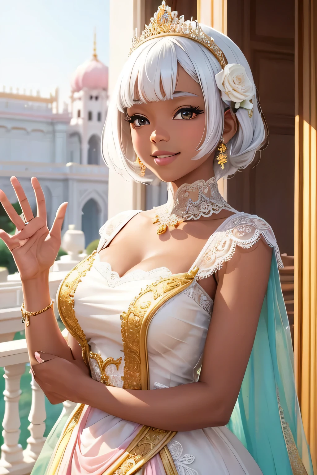 A cute black princess with short white hair, wearing a charming pastel pink and gold gown adorned with delicate lace, stands on a grand palace balcony. She has a radiant smile and waves joyfully to the adoring crowd below. The bright sunlight enhances her glowing skin and the intricate lace details on her gown. Behind her, the palace's elegant architecture and vibrant flower gardens create a cheerful and inviting atmosphere,upper body
