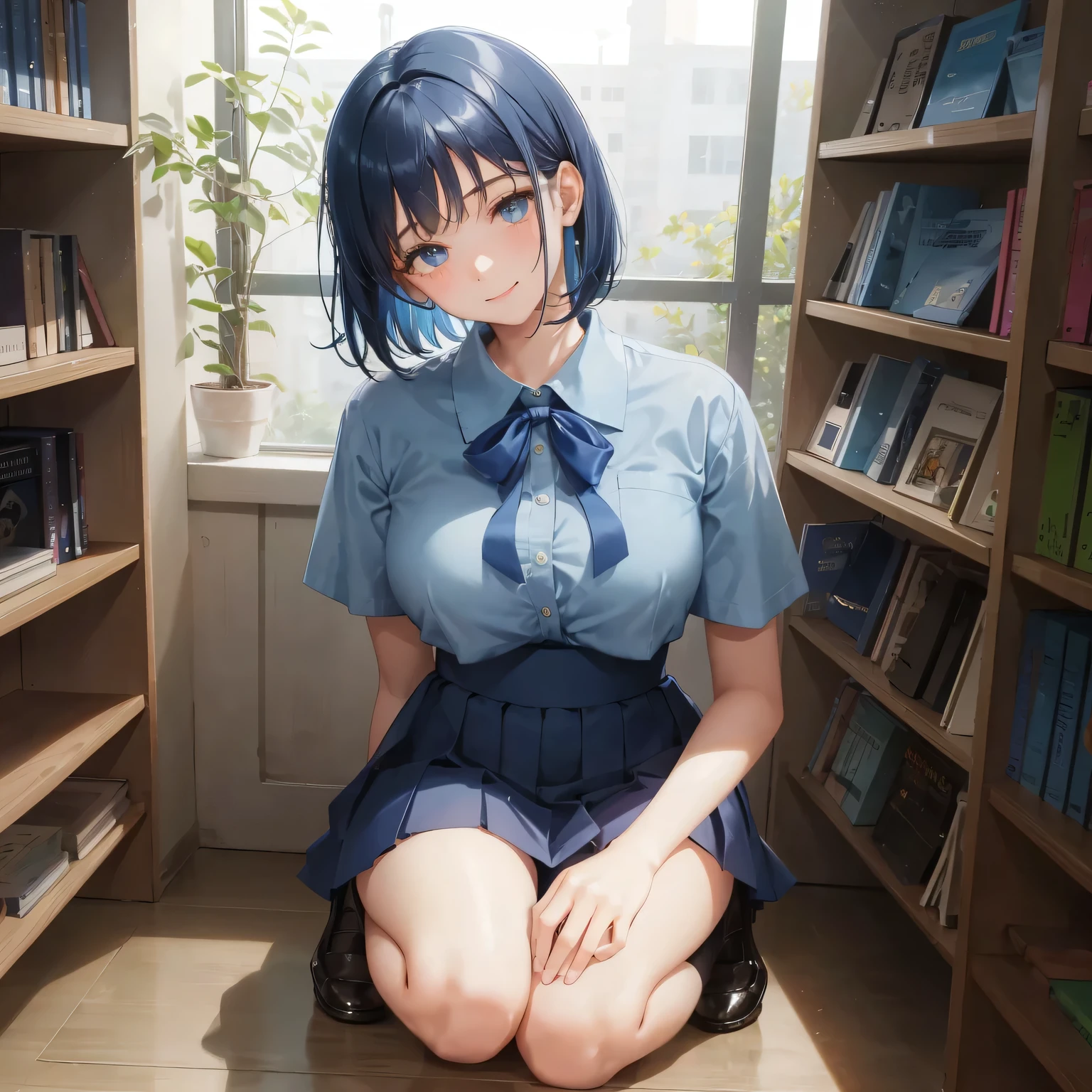 1. High school girl　17-year-old female　Bobcut　dark blue hair color　High School Uniform　Light blue Y-shirt　Short sleeve　Blue Ribbon　dark blue hair color　Slim figure　Large Breasts　Full body portrait　School library　Smiling Kindly　Laugh a little　library　Hand Signs　squat　Kneel　Look up here　