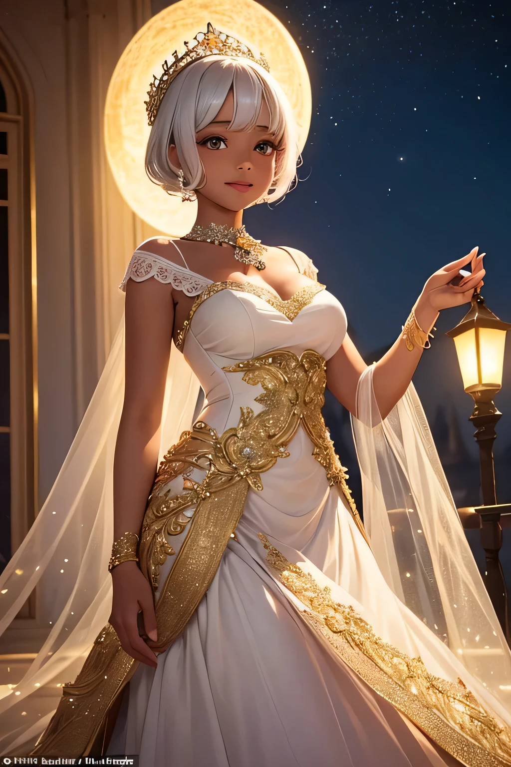 A cute black princess with short white hair, wearing a charming pastel pink and gold gown adorned with delicate lace, stands on a grand palace balcony under the twinkling night sky. She has a radiant smile and waves joyfully to the adoring crowd below. The soft light from lanterns and the moon casts a gentle glow on her, highlighting her glowing skin and the intricate lace details on her gown. The palace is beautifully illuminated, creating a magical and enchanting ambiance.
