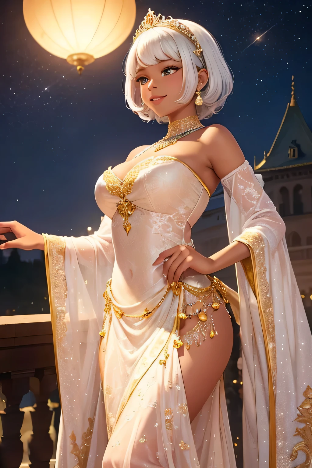 A cute black princess with short white hair, wearing a charming pastel pink and gold gown adorned with delicate lace, stands on a grand palace balcony under the twinkling night sky. She has a radiant smile and waves joyfully to the adoring crowd below. The soft light from lanterns and the moon casts a gentle glow on her, highlighting her glowing skin and the intricate lace details on her gown. The palace is beautifully illuminated, creating a magical and enchanting ambiance,upper body