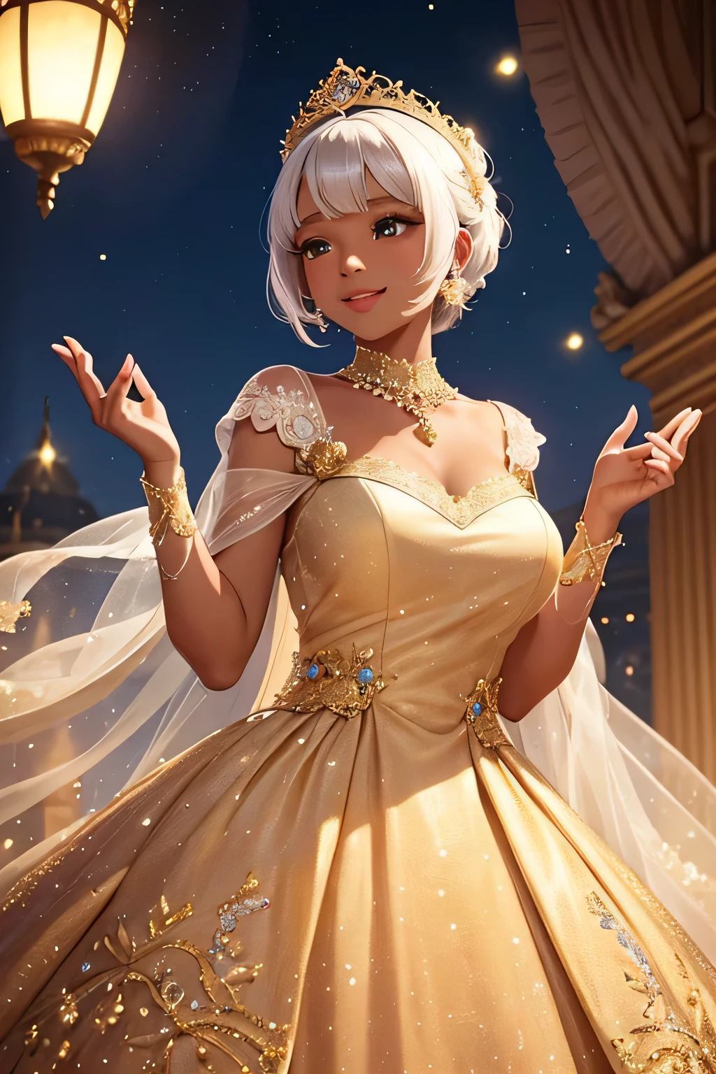 A cute black princess with short white hair, wearing a charming pastel pink and gold gown adorned with delicate lace, stands on a grand palace balcony under the twinkling night sky. She has a radiant smile and waves joyfully to the adoring crowd below. The soft light from lanterns and the moon casts a gentle glow on her, highlighting her glowing skin and the intricate lace details on her gown. The palace is beautifully illuminated, creating a magical and enchanting ambiance,upper body