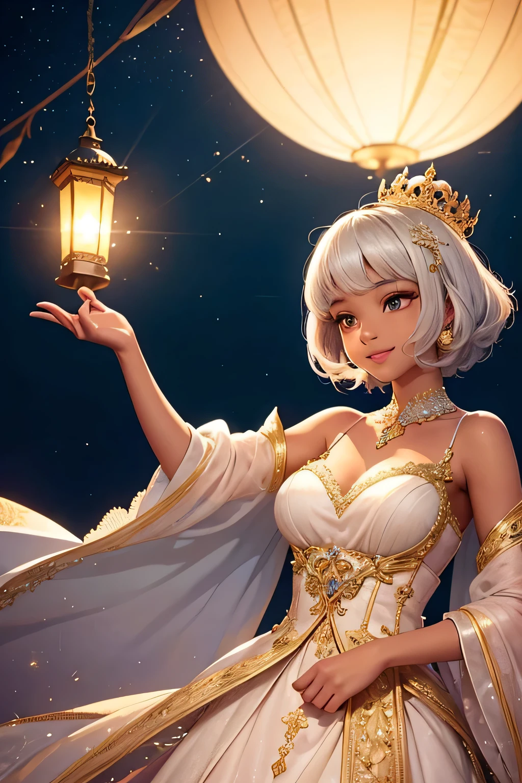 A cute black princess with short white hair, wearing a charming pastel pink and gold gown adorned with delicate lace, stands on a grand palace balcony under the twinkling night sky. She has a radiant smile and waves joyfully to the adoring crowd below. The soft light from lanterns and the moon casts a gentle glow on her, highlighting her glowing skin and the intricate lace details on her gown. The palace is beautifully illuminated, creating a magical and enchanting ambiance,upper body