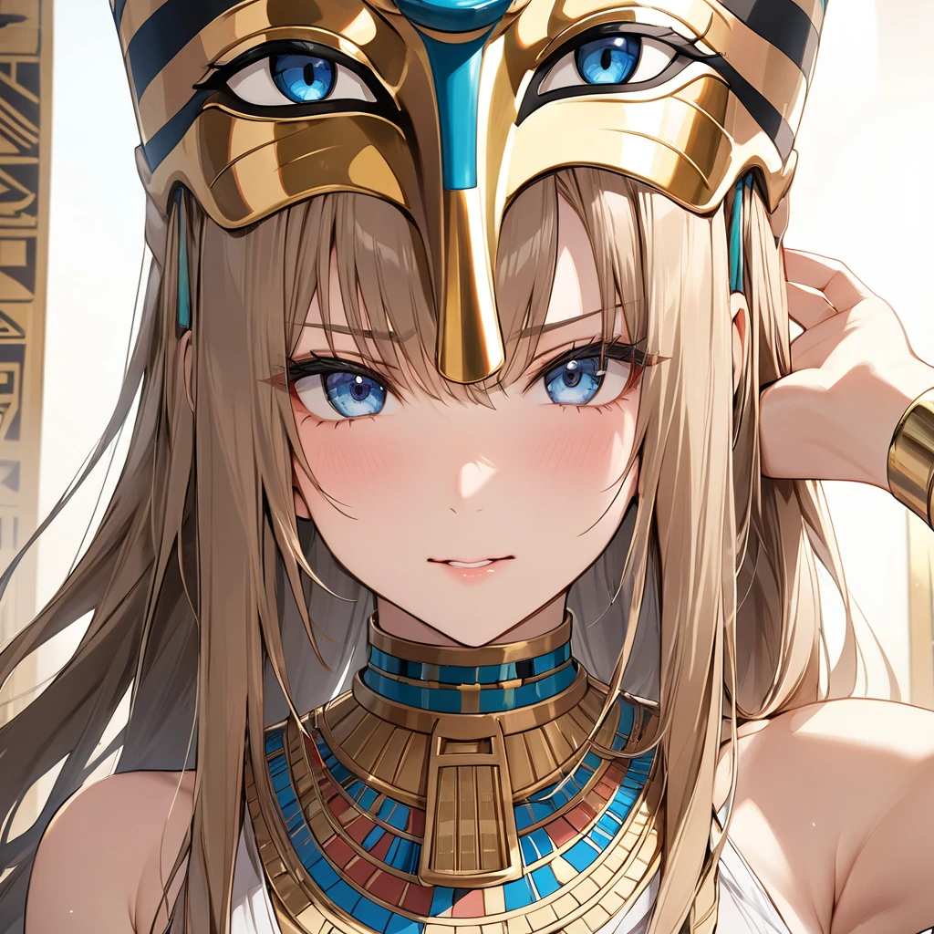 ((Highest quality)), ((masterpiece)), (detailed), （Perfect Face）、The woman with the face of the ancient Egyptian Tutankhamun mask is Yuuki Asuna, with light brown, medium-long hair and a magnificent Tutankhamun face, wearing a Tutankhamun hat, making her face completely resemble Tutankhamun&#39;s mask.、The woman is dressed as Tutankhamun of ancient Egypt.、A woman sits on an ancient Egyptian throne and reigns with the golden face of Tutankhamun