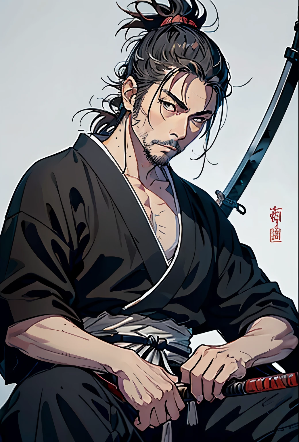 white background, Ink Painting, Holding a bow and arrow, Gray Hair,Alafed image of a man with a sword in his hand, samurai portrait,  miyamoto musashi, ancient Japanese Samurai, samurai portrait, Japanese Samurai, Inspired by Wu Daozi, Samurai Style, Samurai Man Wanderer, Traditional Japanese concept art, Works inspired by Kano Hogai,Sitting on the still water,Spiegel stops water,historic,