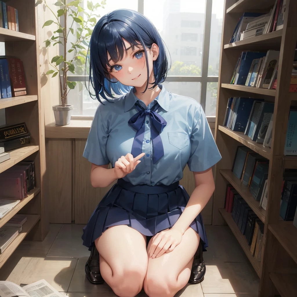 1. High school girl　17-year-old female　Bobcut　dark blue hair color　High School Uniform　Light blue Y-shirt　Short sleeve　Blue Ribbon　dark blue hair color　Slim figure　Large Breasts　Full body portrait　School library　Smiling Kindly　Laugh a little　library　Hand Signs　squat　Kneel　Look up here　